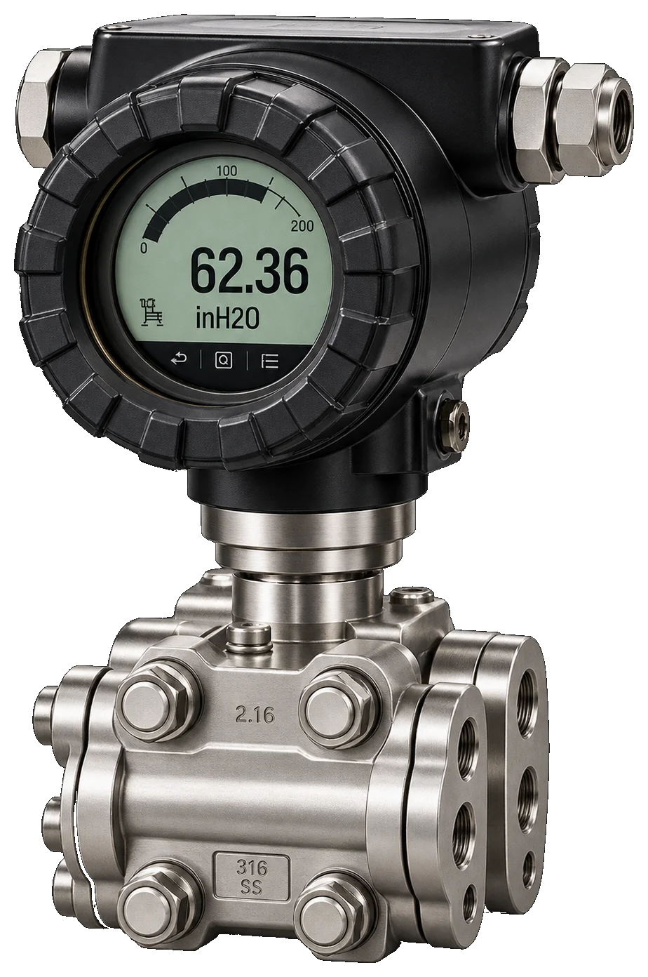 Electronic industrial pressure transmitter with digital display and 316 stainless-steel manifold